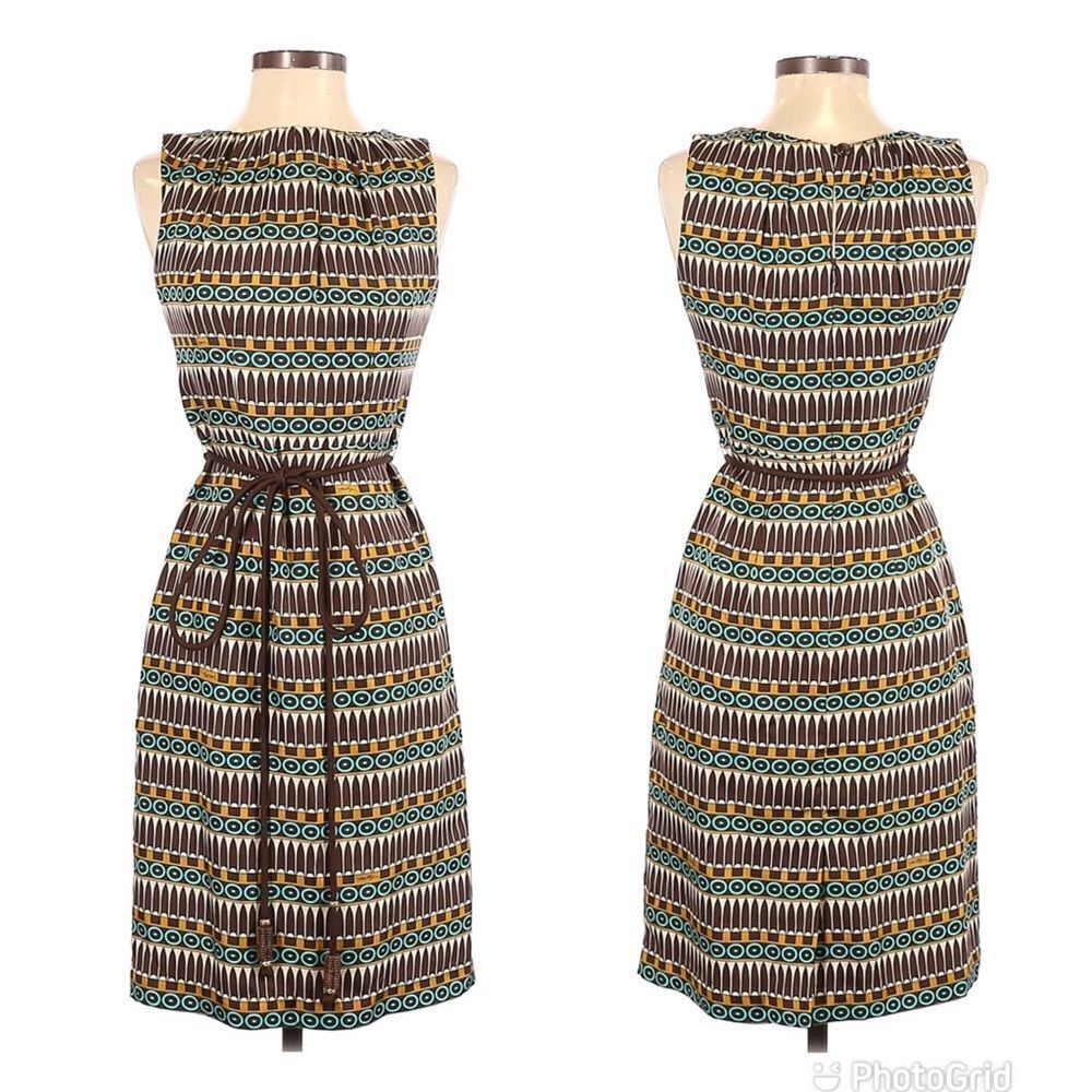 MILLY Silk Sheath Dress Sleeveless Geometric Print‎ Tie Belt Cream Brown Size 4